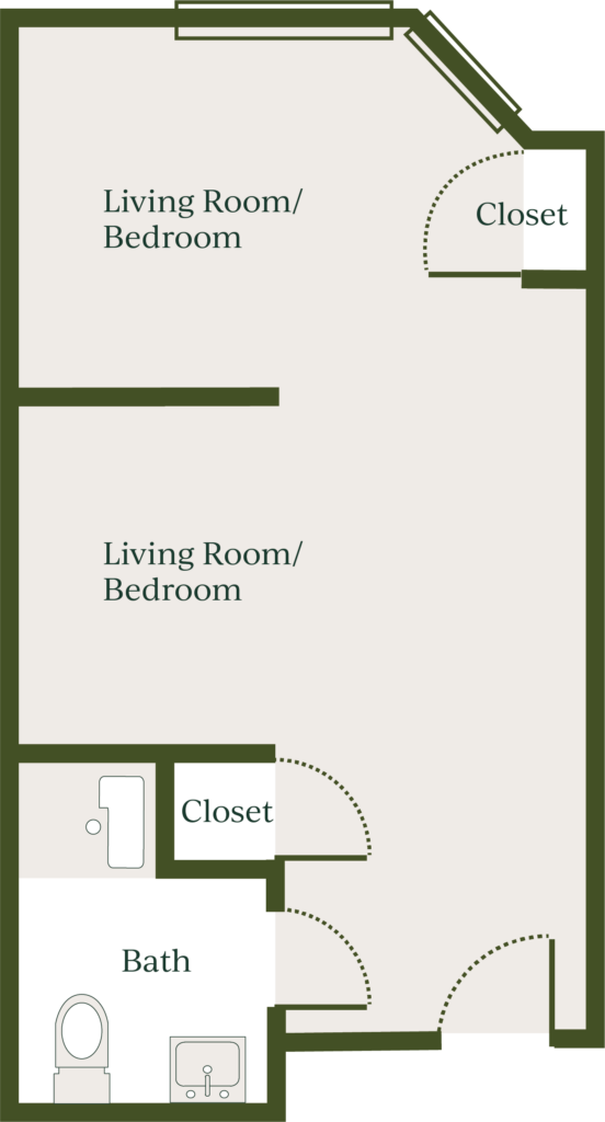 Living space with two living room/bedrooms sectioned off. 2 closets, 1 bath