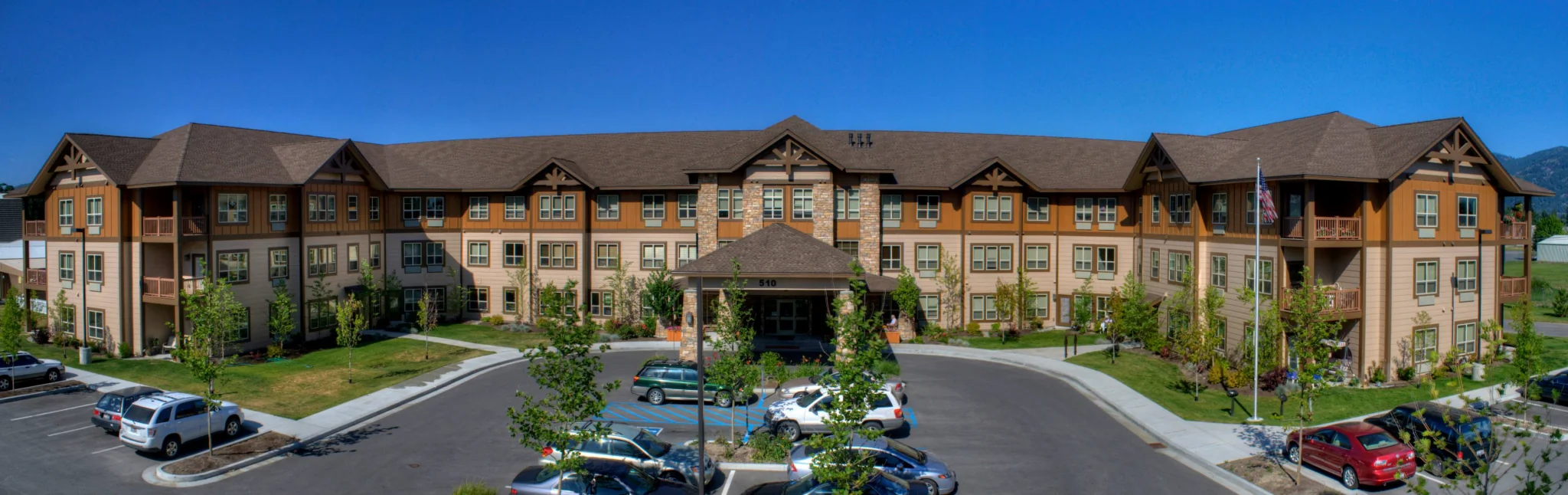 A pano of the front exterior of the main Luther Park building