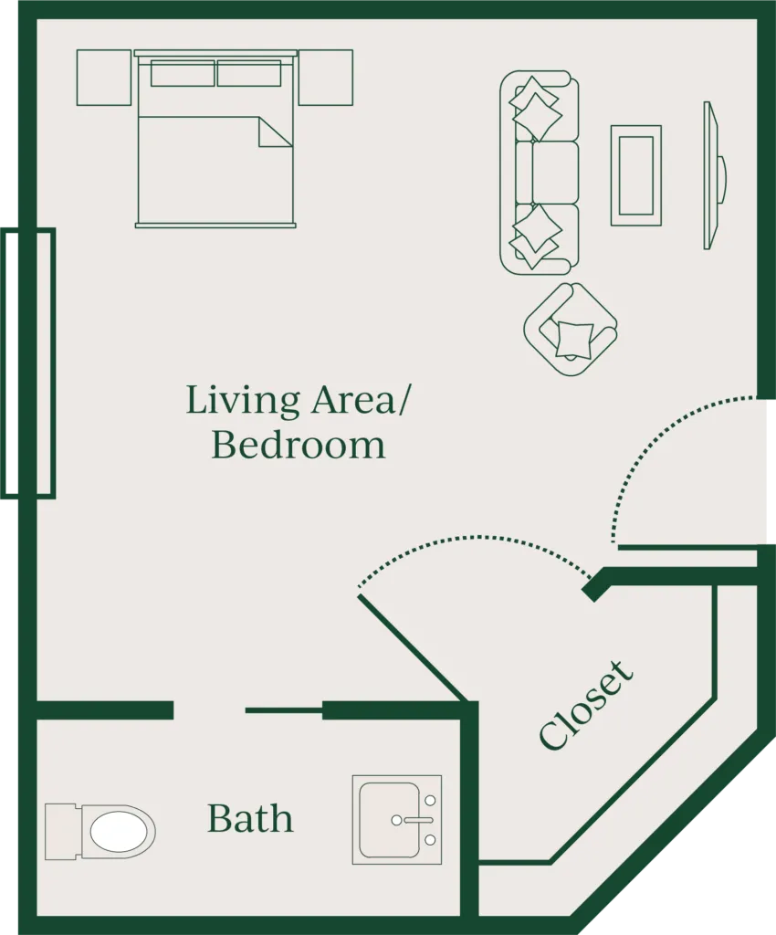 Living area/bedroom with a walk-in closet and a bathroom