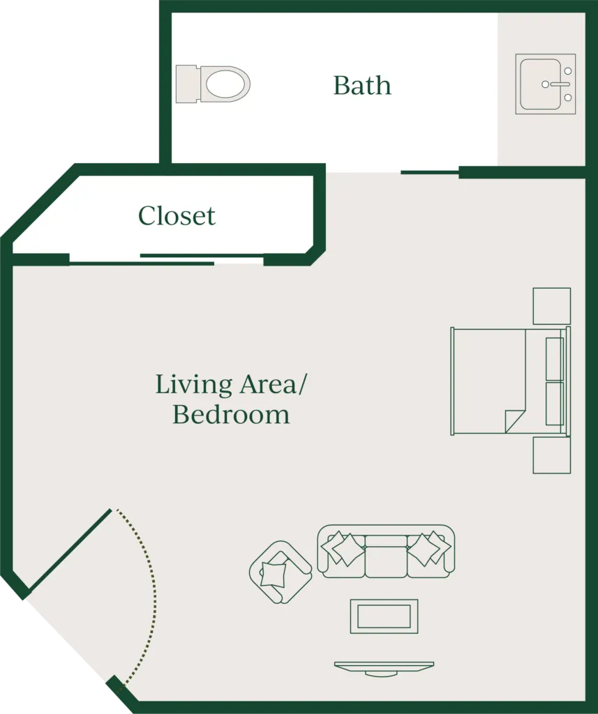 Large living area/bedroom, a large bathroom, and a closet