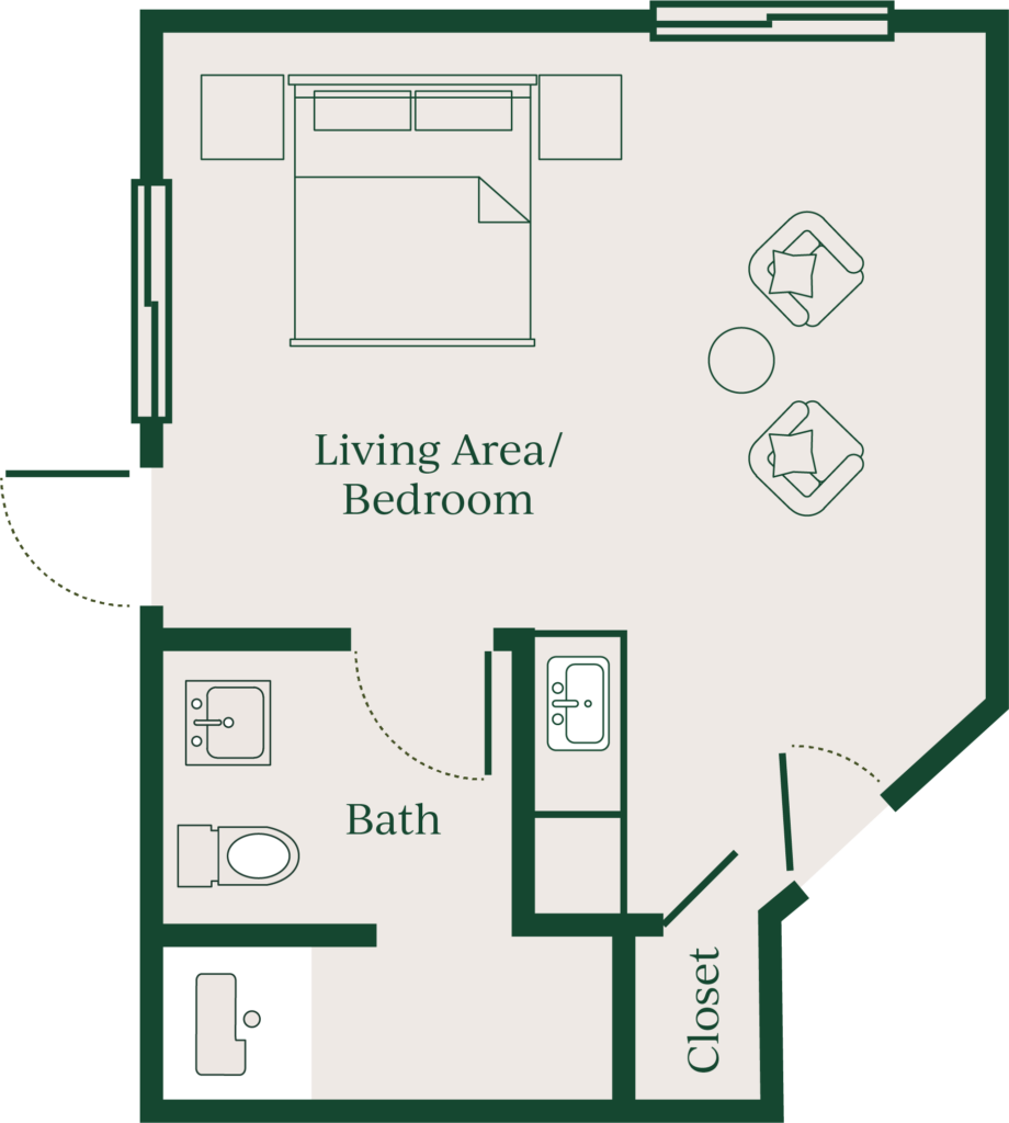A floor plan that displays a bedroom, bathroom, and a closet