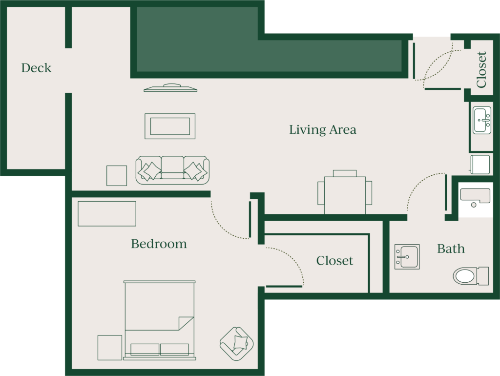 A floor plan that includes a living area, bedroom, two closets, a bathroom, and a deck