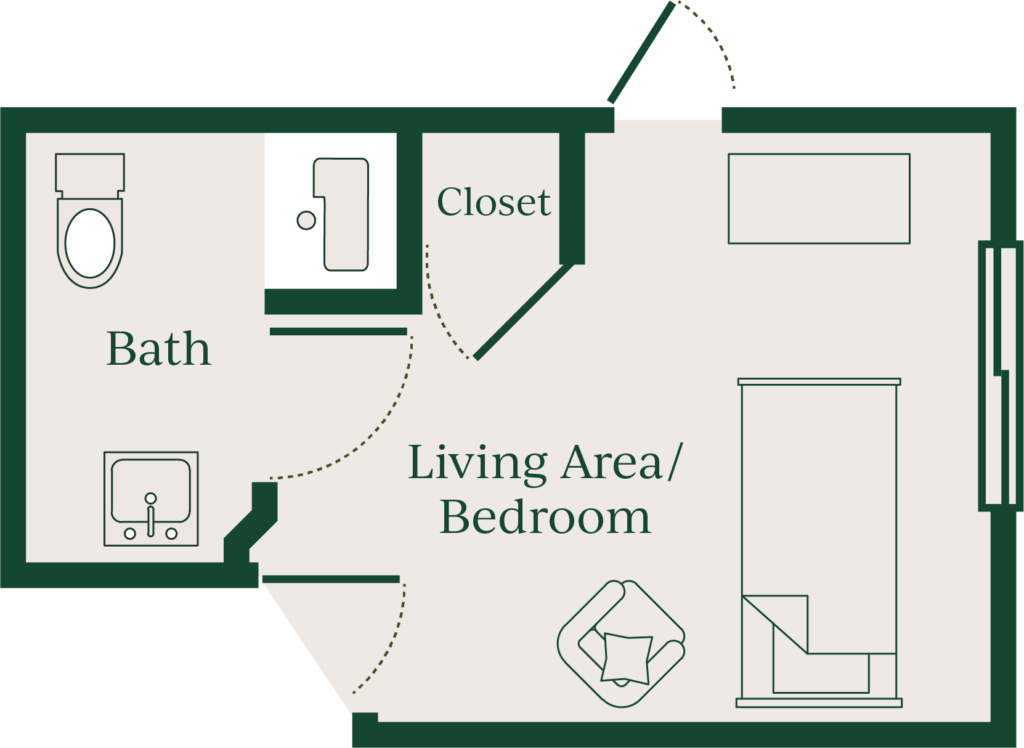 A floor plan that includes a bedroom/living area, a bathroom, and a closet