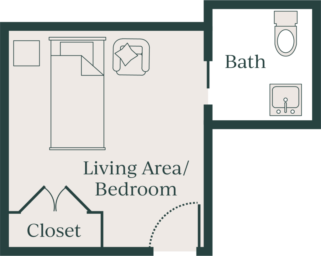 Floor plan that includes living area/bedroom with a bathroom and closet