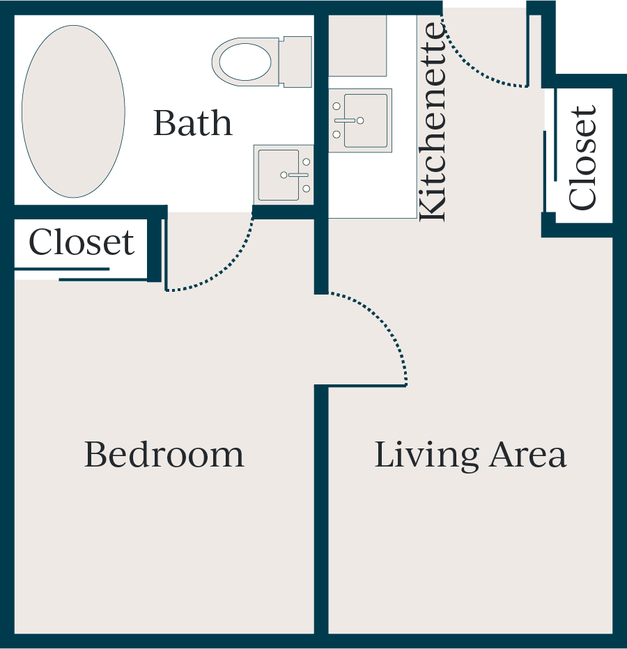 Bedroom, living room, kitchenette, 2 closets, bathroom