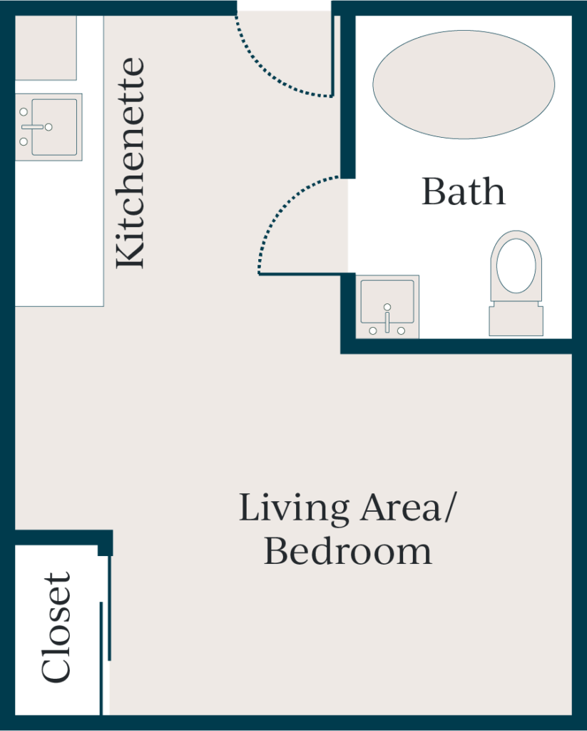 Kitchenette, bathroom, closet, living area/bedroom