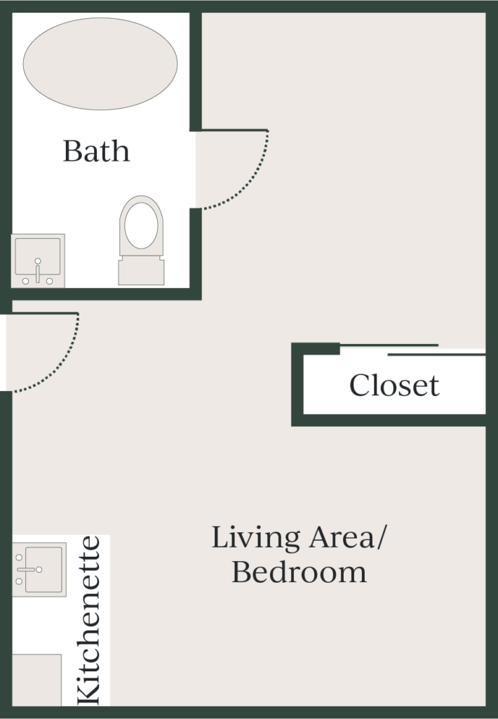 Living area/bedroom, closet, kitchenette, bathroom