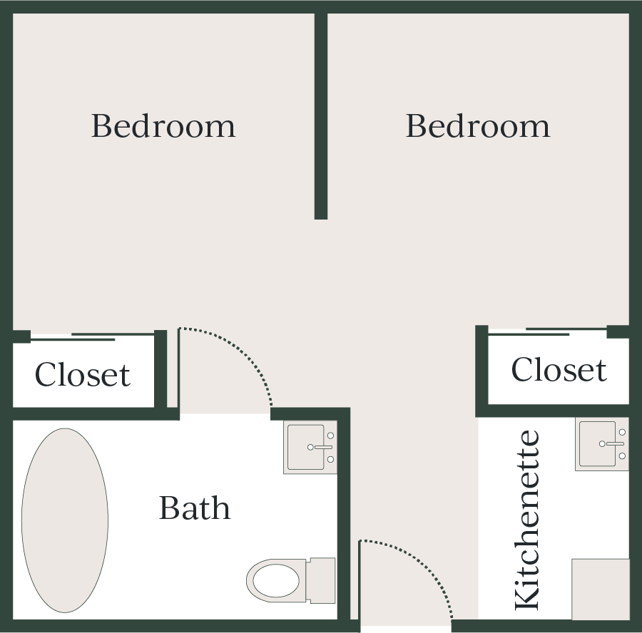 2 bedrooms, 2 closets, 1 bathroom, 1 kitchenette