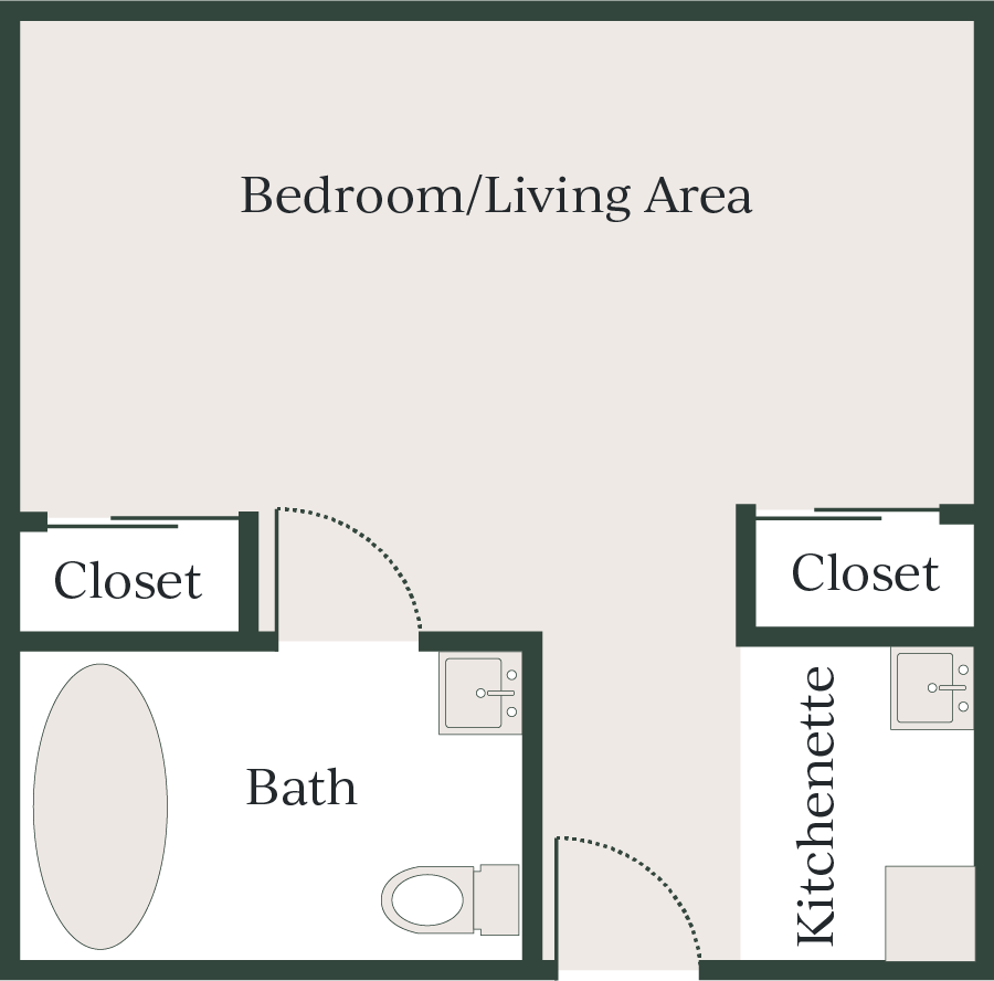 Bedroom/living area, bathroom, 2 closets, kitchenette