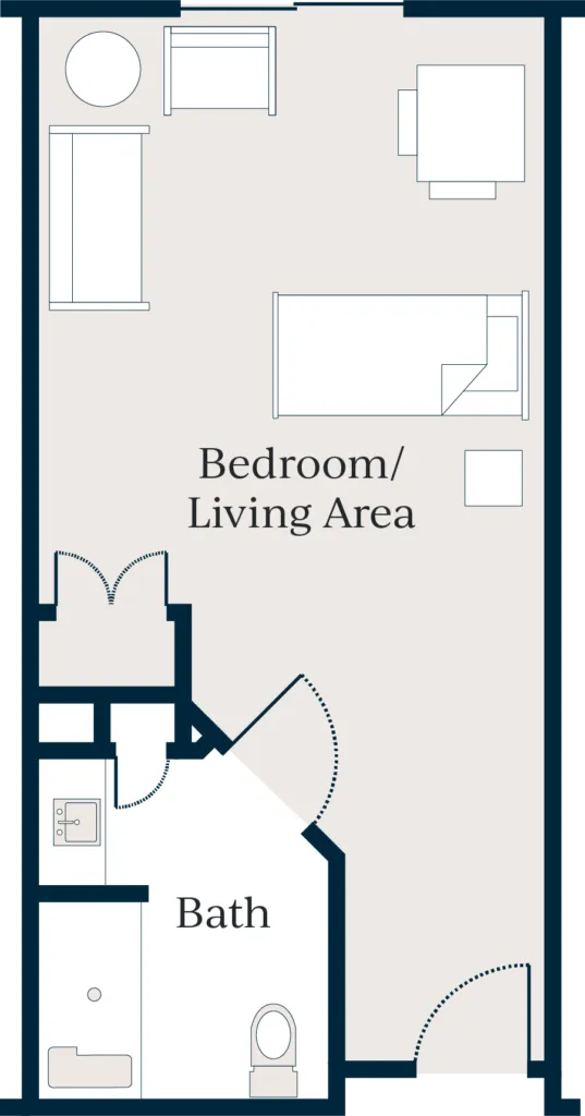A diagram depicting bedroom/living area, a bathroom, and a closet