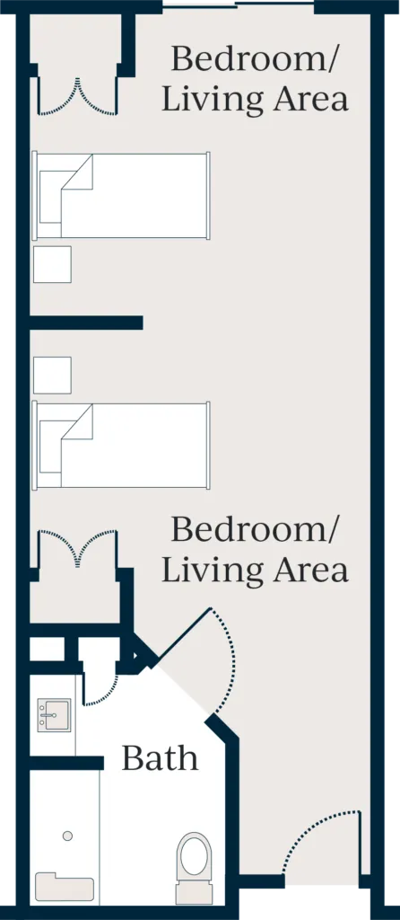 A diagram depicting a two bed living area with one bathroom and two closets