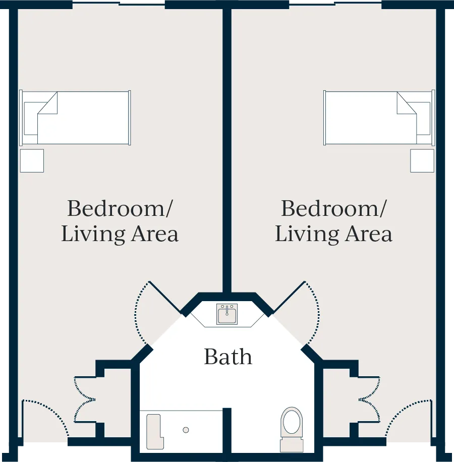 Two bedrooms/living areas, one bathroom, two closets.
