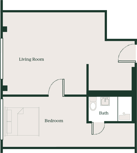 Living room, bedroom, and bathroom