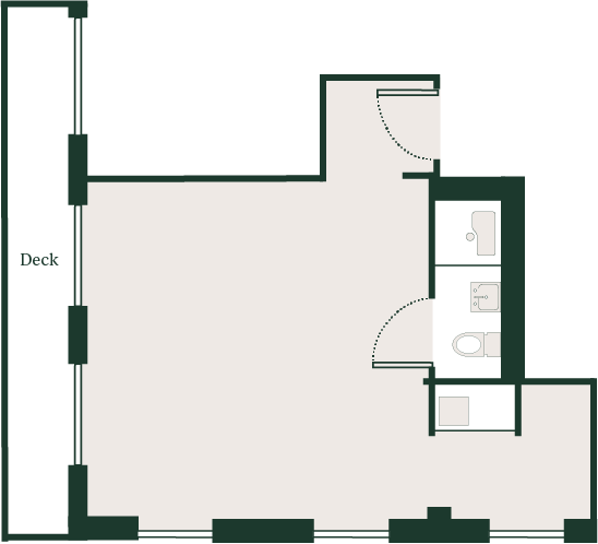 Living area/bedroom, bathroom, and deck