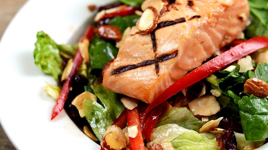 A plateful of salad with grilled salmon on top