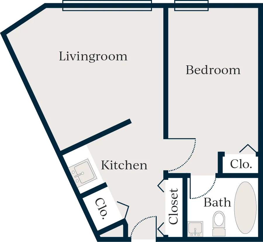 Living room, bedroom, kitchen, bathroom, 3 closets