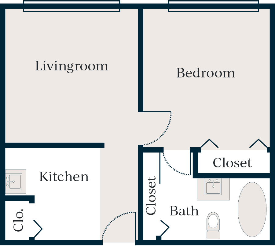 Living room, bedroom with closet, kitchen with closet, bathroom with closet