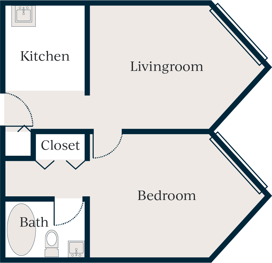 Living room, bedroom, kitchen, double closet, bathroom