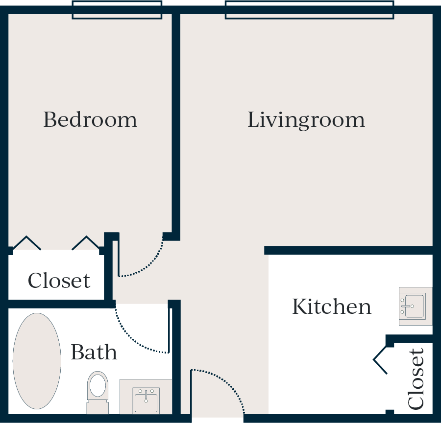 Bedroom, living room, kitchen, bathroom, 2 closets