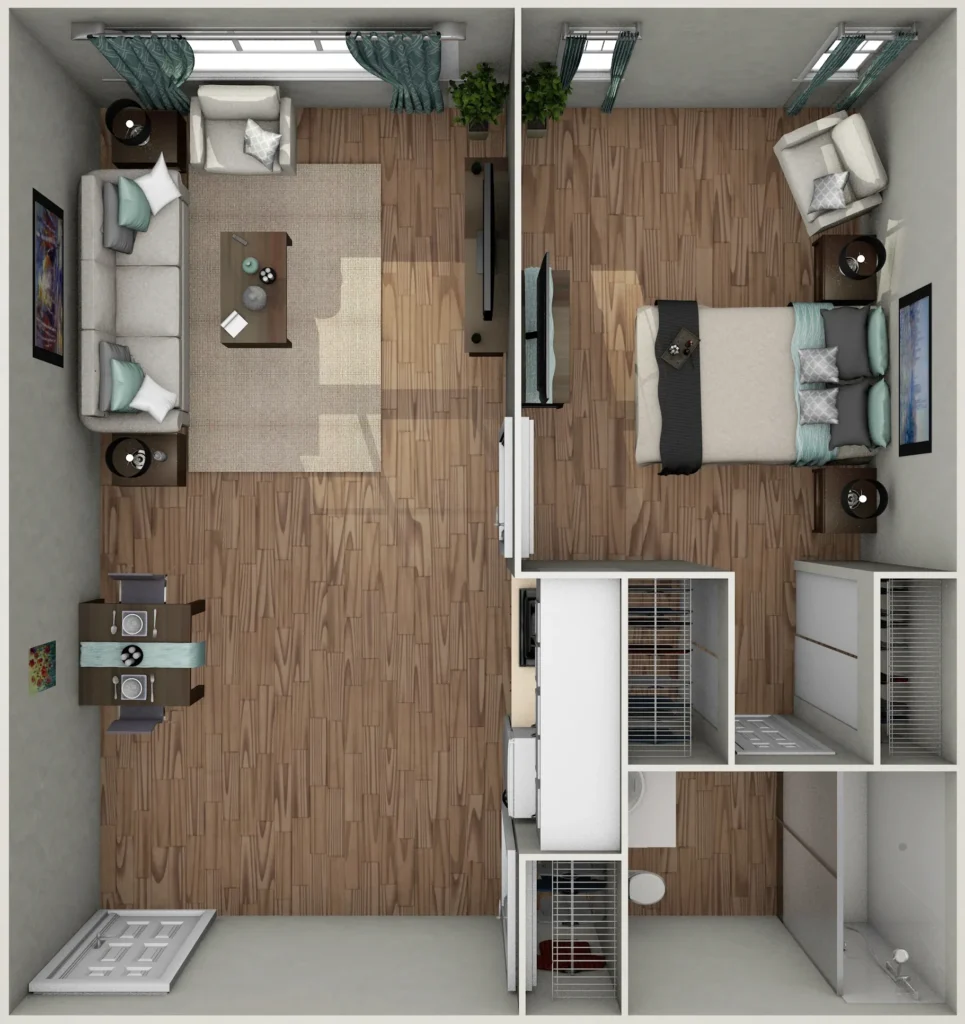 Living room, bedroom, double closet space, and bathroom