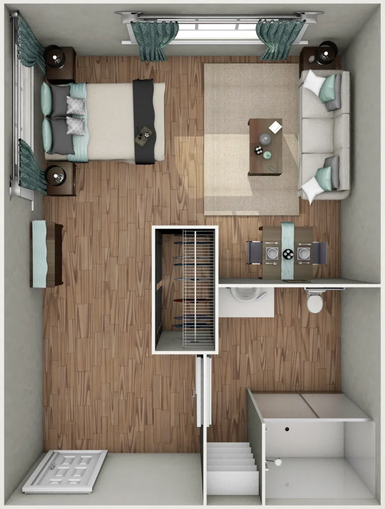 Bedroom/living area, closet, and bathroom with shower
