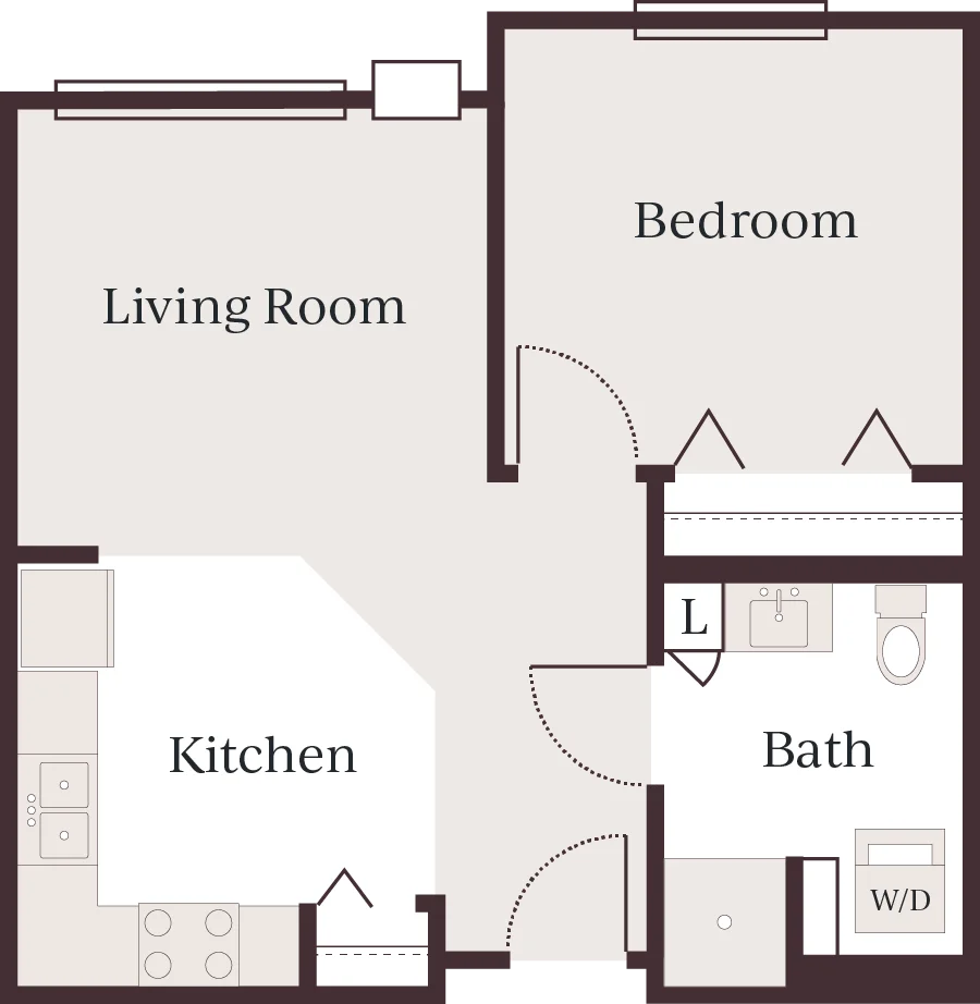 Bedroom, living room, kitchen, closet, and bathroom