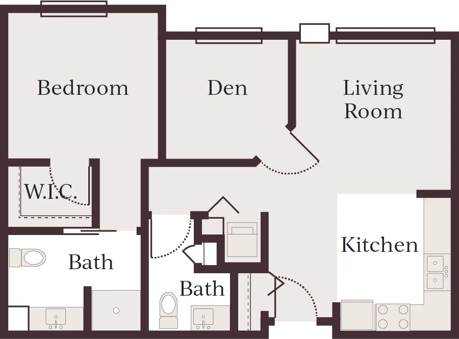 A diagram that depicts a bedroom with a walk-in closet, a den, a living room, two bathrooms, and a kitchen